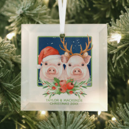 サンタとトナカイのカップルかわいいクリスマスピッグ ガラスオーナメント