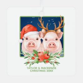 サンタとトナカイのカップルかわいいクリスマスピッグ メタルオーナメント
