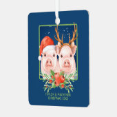 サンタとトナカイのカップルかわいいクリスマスピッグ メタルオーナメント (正面左)