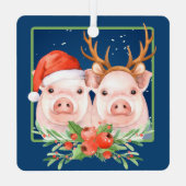 サンタとトナカイのカップルかわいいクリスマスピッグ メタルオーナメント (裏面)