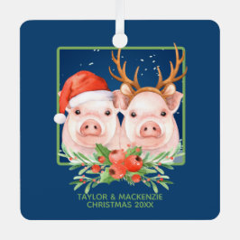 サンタとトナカイのカップルかわいいクリスマスピッグ メタルオーナメント