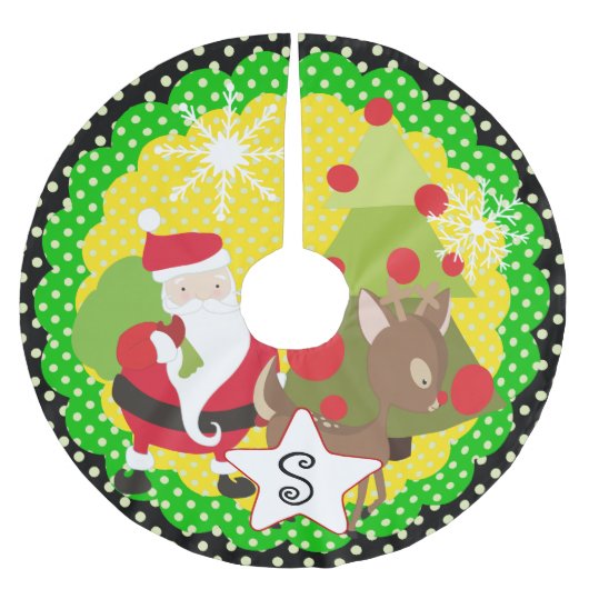 サンタとトナカイのクリスマスホリデーツリースカート ブラッシュドポリエステルツリースカート (正面)