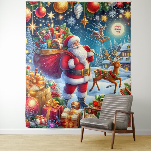 サンタとトナカイのクリスマス背景 タペストリー (インサイチュ)