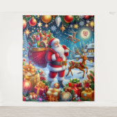 サンタとトナカイのクリスマス背景 タペストリー (正面)