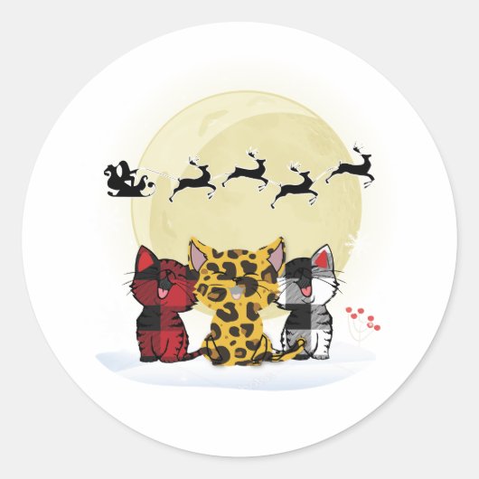 サンタとトナカイのシールを見ている猫たち – かわいい ラウンドシール (正面)
