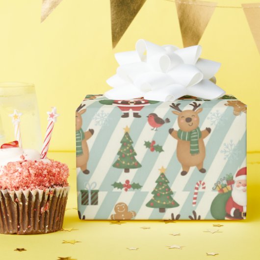 サンタとトナカイのストライプ クリスマス包装紙 ラッピングペーパー (誕生日パーティー)