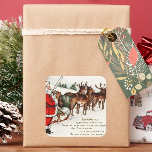 サンタとトナカイのビンテージクリスマスステッカー スクエアシール (クリスマス)