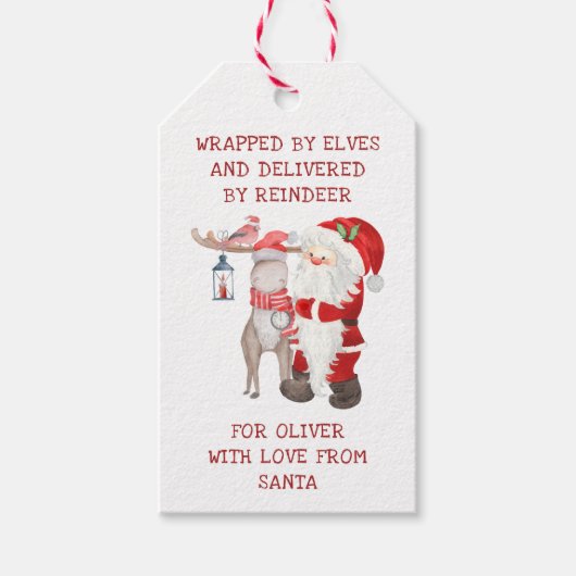 サンタとトナカイの子供のパーソナライズされたクリスマス ギフトタグ (正面)
