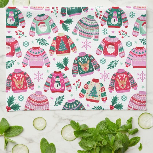 サンタとトナカイの醜いクリスマスセーター キッチンタオル (折り畳み)