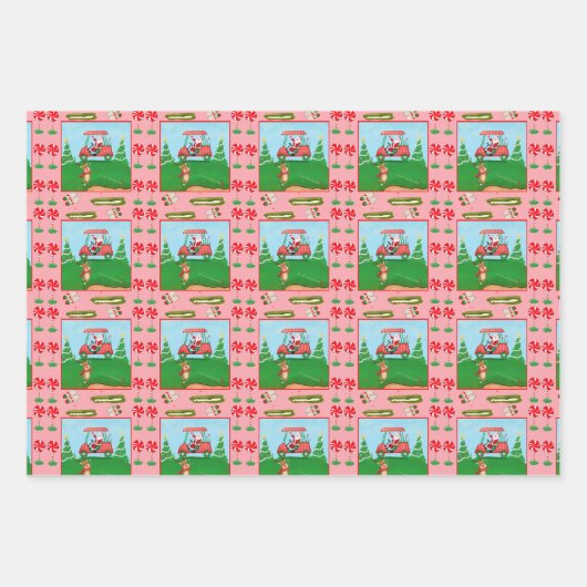 サンタとトナカイを連れたクリスマスゴルフ ラッピングペーパーシート (正面2)