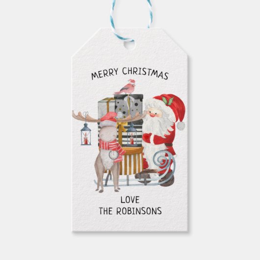 サンタとトナカイパーソナライズされたファミリークリスマス ギフトタグ (正面)