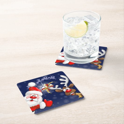 サンタとトナカイメリーのクリスマスハッピーアニメ スクエアペーパーコースター (インサイチュ)