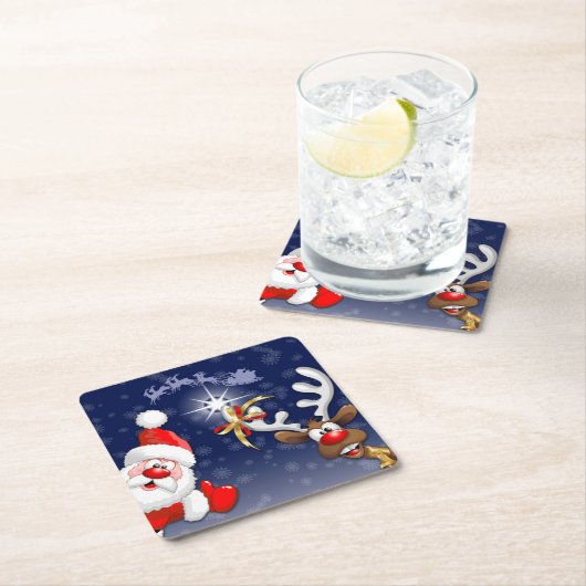 サンタとトナカイメリーのクリスマスハッピーアニメ スクエアペーパーコースター (インサイチュ)