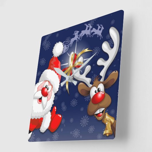 サンタとトナカイメリーのクリスマスハッピーアニメ スクエア壁時計 (傾斜)