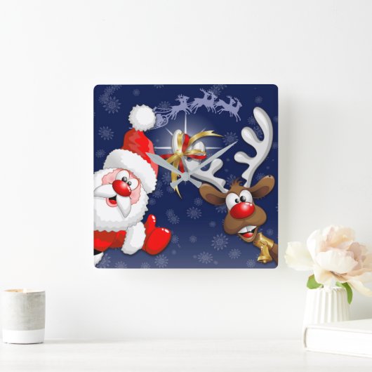 サンタとトナカイメリーのクリスマスハッピーアニメ スクエア壁時計 (ホーム)