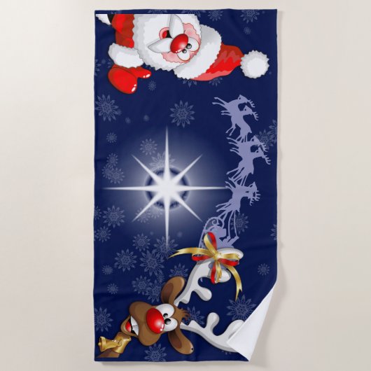 サンタとトナカイメリーのクリスマスハッピーアニメ ビーチタオル (正面)