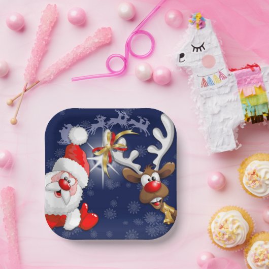 サンタとトナカイメリーのクリスマスハッピーアニメ ペーパープレート (パーティー)