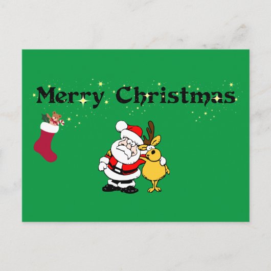 サンタとトナカイ葉書とメリークリスマス! ポストカード (正面)