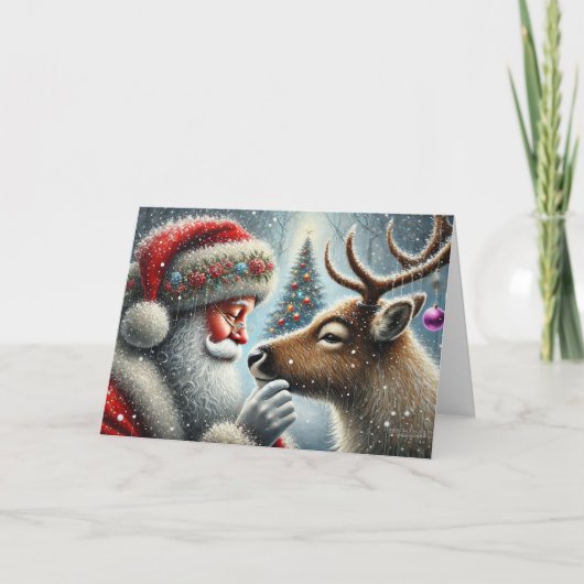 サンタとトナカイ、雪の森、クリスマスツリー４ シーズンカード (正面)