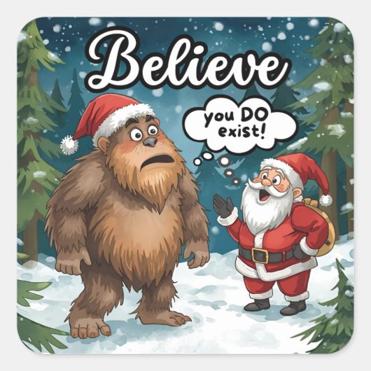サンタとビッグフットが出会うユーモラスなクリスマス スクエアシール (正面)