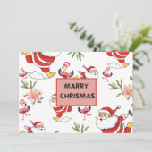 サンタとフラミンゴとピンクの花柄のクリスマスパターン 招待状 (スタンド正面)