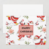 サンタとフラミンゴとピンクの花柄のクリスマスパターン 招待状 (正面/裏面)