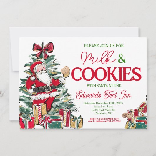サンタとミルク＆クッキー、サンタの朝食 招待状 (正面)