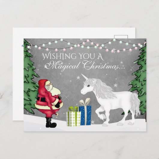 サンタとユニコーンの魔法のクリスマスハッピーニューイヤー シーズンポストカード (正面/裏面)