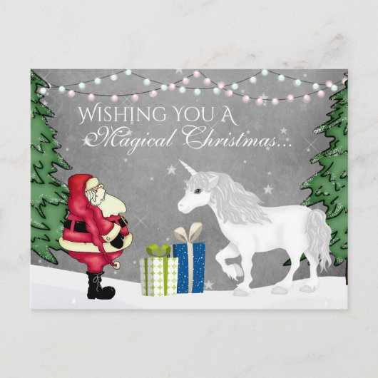 サンタとユニコーンの魔法のクリスマスハッピーニューイヤー シーズンポストカード (正面)