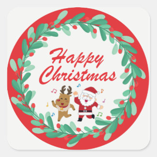 サンタとルドルフのかわいいクリスマスステッカー スクエアシール