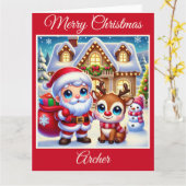 サンタとルドルフ・ザ・レッド・ノーズ・トナカイ カード (黄色い花)