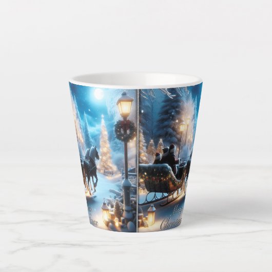 サンタと一緒に美しいそりに乗る カフェラテマグ (正面)