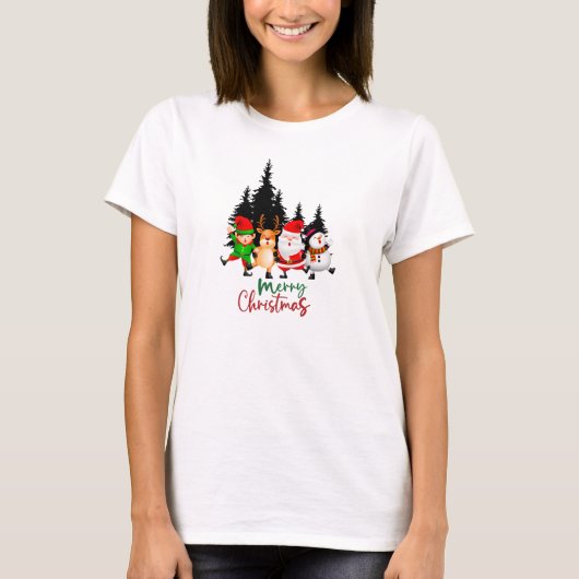 サンタと一緒に踊るクリスマス仲間たちとトナカイ Tシャツ (正面)