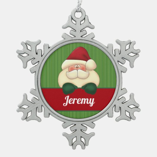 サンタと名前の冬のスノーフレーク スノーフレークピューターオーナメント (正面)