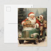 サンタと子供が贈り物で緑の小さな車に シーズンポストカード (正面/裏面)
