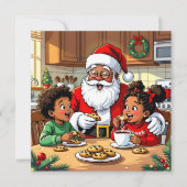 サンタと子供たちがクッキーとココアを食べるクリスマス シーズンカード (正面)