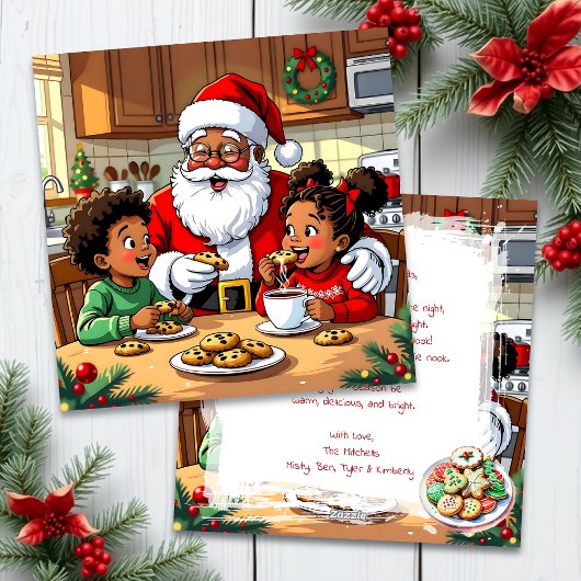 サンタと子供たちがクッキーとココアを食べるクリスマス シーズンカード
