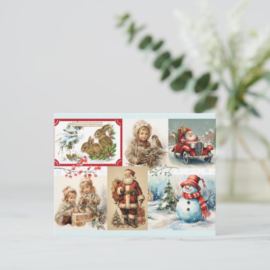 サンタと子供とのヴィンテージクリスマスコラージュ シーズンポストカード (スタンド正面)