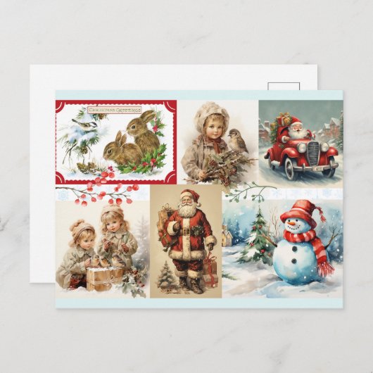 サンタと子供とのヴィンテージクリスマスコラージュ シーズンポストカード (正面/裏面)
