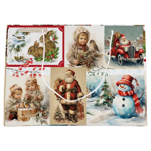 サンタと子供とのヴィンテージクリスマスコラージュ ラージペーパーバッグ (正面)