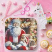 サンタと子犬 |ヴィンテージクリスマス ペーパープレート (パーティー)