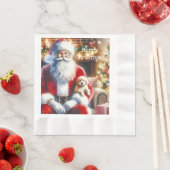 サンタと子犬 |ヴィンテージクリスマス 縁ありランチョンナプキン (インサイチュ)