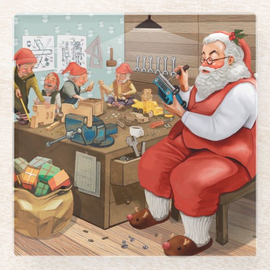 サンタと小人のおもちゃ作り |クリスマス ガラスコースター (正面)