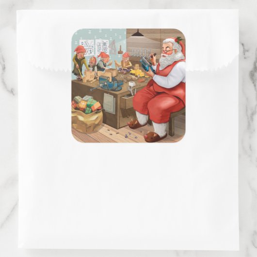 サンタと小人のおもちゃ作り |クリスマス スクエアシール (バッグ)