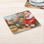 サンタと小人のおもちゃ作り |クリスマス スクエアペーパーコースター (アングル)
