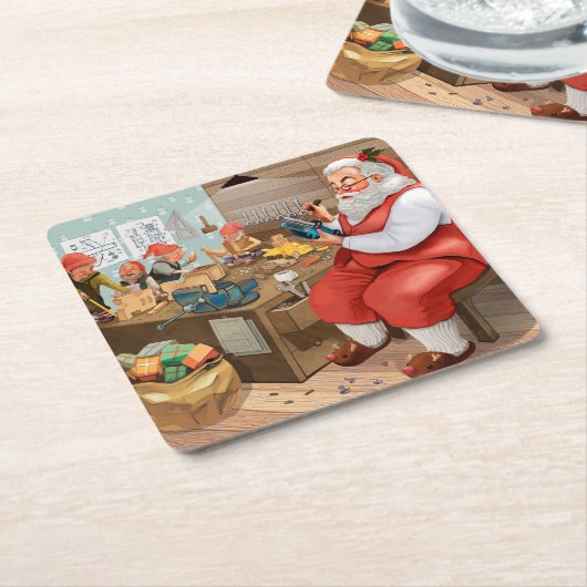 サンタと小人のおもちゃ作り |クリスマス スクエアペーパーコースター (アングル)