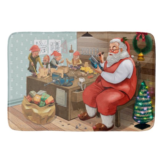 サンタと小人のおもちゃ作り |クリスマス バスマット (正面)