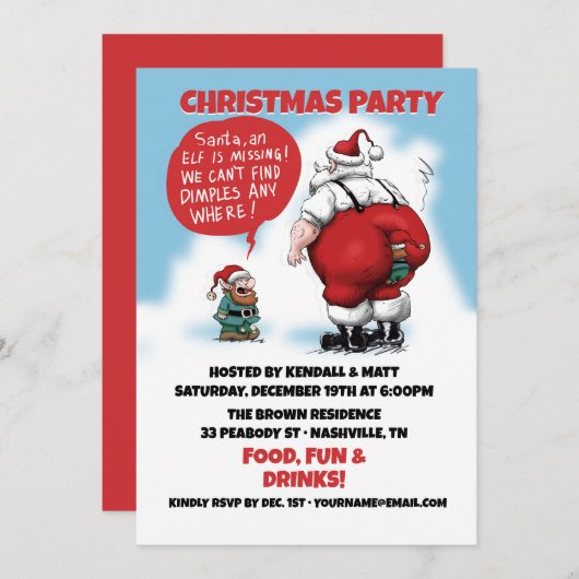 サンタと小妖精や小人おもしろい漫画 招待状 (正面/裏面)