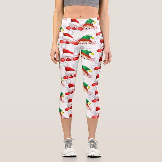 サンタと小妖精や小人かわいいおもしろいキャラクター覗き カプリレギンス (正面)
