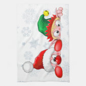 サンタと小妖精や小人かわいいおもしろいキャラクター覗き キッチンタオル (縦)